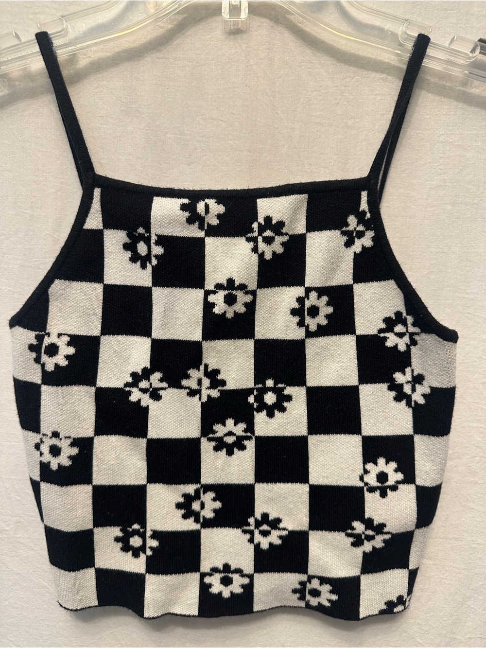 Urban Outfitters Checkerboard Daisy Knit Crop Tank Top Black White Size Small